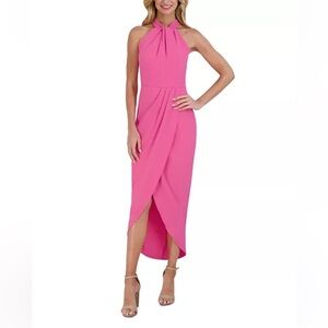 NWT Julia Jordan Knot-Neck Tulip-Hem Midi Dress Neon Pink Sz 8